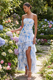 Light Blue Ruffled Tiered A Line Floral Ruched Long Wedding Guest Dress with Slit