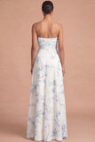 Floral Champagne A Line Strapless Ruffled Long Beach Wedding Guest Dress