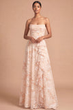 Floral Champagne A Line Strapless Ruffled Long Beach Wedding Guest Dress