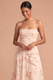 Floral Champagne A Line Strapless Ruffled Long Beach Wedding Guest Dress