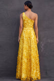 One Shoulder A Line Yellow Floral Appliqued Long Wedding Guest Dress