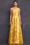 One Shoulder A Line Yellow Floral Appliqued Long Wedding Guest Dress