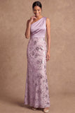 One Shoulder Lilac Sheath Floral Appliqued Long Wedding Guest Dress