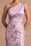 One Shoulder Lilac Sheath Floral Appliqued Long Wedding Guest Dress
