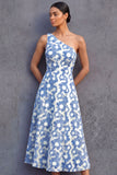 Light Blue One Shoulder Floral A Line Midi Formal Dress