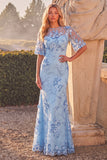 Light Blue Floral Sheath Long Wedding Guest Dress with Sleeves