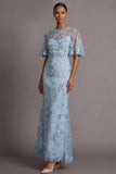 Light Blue Sheath Floral Appliqued Illusion Neck Long Formal Dress