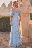 Light Blue Floral Sheath Long Wedding Guest Dress with Sleeves