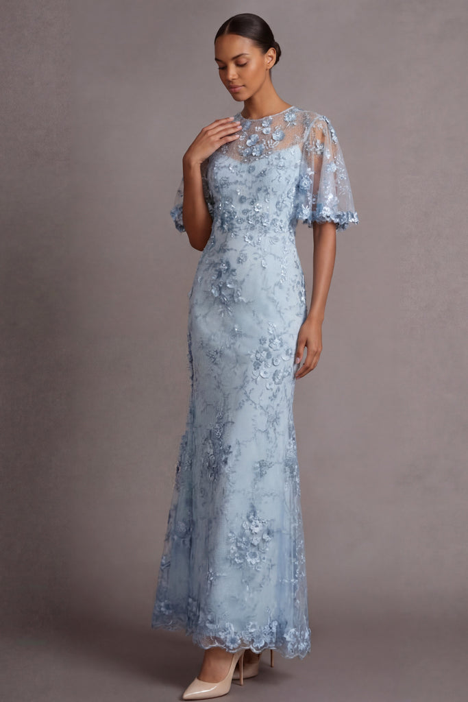 Leely Women Light Blue Sheath Floral Long Formal Dress Appliqued