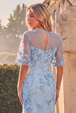 Light Blue Floral Sheath Long Wedding Guest Dress with Sleeves