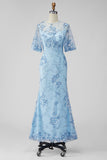 Light Blue Floral Sheath Long Wedding Guest Dress with Sleeves