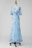 Light Blue Sheath Floral Appliqued Illusion Neck Long Formal Dress