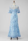 Light Blue Sheath Floral Appliqued Illusion Neck Long Formal Dress