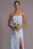 Sparkly Light Blue A Line Sequined Floral Appliqued Long Wedding Guest Dress