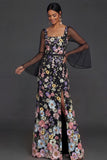 Black Floral Appliqued Flutter Sleeves Sheath Long Wedding Guest Dress with Slit