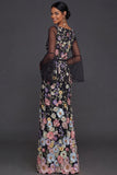 Black Floral Appliqued Flutter Sleeves Sheath Long Wedding Guest Dress with Slit