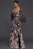 Black Floral Appliqued Flutter Sleeves Sheath Long Wedding Guest Dress with Slit