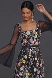 Black Floral Appliqued Flutter Sleeves Sheath Long Wedding Guest Dress with Slit