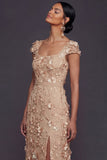 Champagne Floral Appliqued Sheath Long Formal Dress with Slit