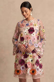Long Sleeves Pink Floral Appliqued Short Wedding Guest Dress