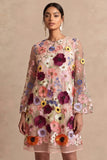 Long Sleeves Pink Floral Appliqued Short Wedding Guest Dress