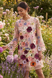Long Sleeves Pink Floral Appliqued Short Wedding Guest Dress