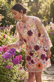 Long Sleeves Pink Floral Appliqued Short Wedding Guest Dress