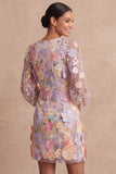 Lilac Long Sleeves Floral Appliqued Short Wedding Guest Dress