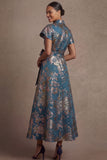 Blue Floral A Line Collar Neck Short Sleeves Midi Formal Dress