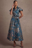 Blue Floral A Line Collar Neck Short Sleeves Midi Formal Dress