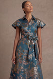 Blue Floral A Line Collar Neck Short Sleeves Midi Formal Dress