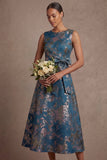 Floral A Line Blue Round Neck Sleeveless Midi Wedding Guest Dress