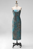 Blue Floral Sheath Strapless Backless Midi Wedding Guest Dress