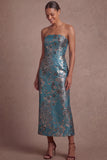 Blue Floral Sheath Strapless Backless Midi Wedding Guest Dress