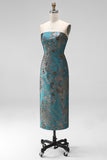 Blue Floral Sheath Strapless Backless Midi Wedding Guest Dress