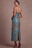 Blue Floral Sheath Strapless Backless Midi Wedding Guest Dress