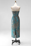 Blue Floral Sheath Strapless Backless Midi Wedding Guest Dress