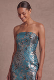 Blue Floral Sheath Strapless Backless Midi Wedding Guest Dress