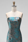 Blue Floral Sheath Strapless Backless Midi Wedding Guest Dress