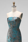 Blue Floral Sheath Strapless Backless Midi Wedding Guest Dress