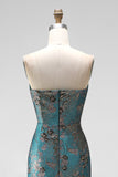 Blue Floral Sheath Strapless Backless Midi Wedding Guest Dress