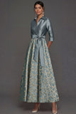 Leely Women Dusty Blue A Line Floral Long Formal Dress with Bow Long Sleeves Collar Neck Wedding Guest Dress
