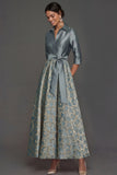 Dusty Blue Collar Neck A Line Floral Long Formal Dress with Bow