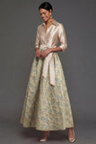Champagne A Line Collar Neck Floral Midi Formal Dress