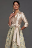 Champagne A Line Collar Neck Floral Midi Formal Dress