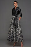 Black A Line Floral Collar Neck Satin Long Formal Dress