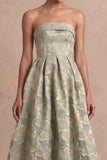 Dusty Blue Strapless Backless A Line Floral Midi Wedding Guest Dress