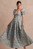 Dusty Blue A Line Floral Puff Sleeves Sweetheart Midi Formal Dress