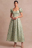Dusty Blue A Line Floral Puff Sleeves Sweetheart Midi Formal Dress