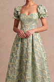 Dusty Blue A Line Floral Puff Sleeves Sweetheart Midi Formal Dress